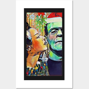 Christmas Frankenstein and Bride Kiss under the mistletoe Posters and Art